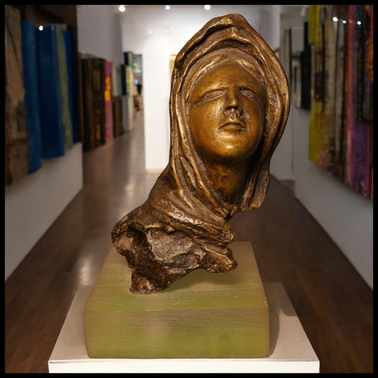 Vintage Mid 20th Century Expressionist Style Veiled Woman Bust Bronze Sculpture on Acrylic Base by V. Palmones (Artist Proof) (Spain)