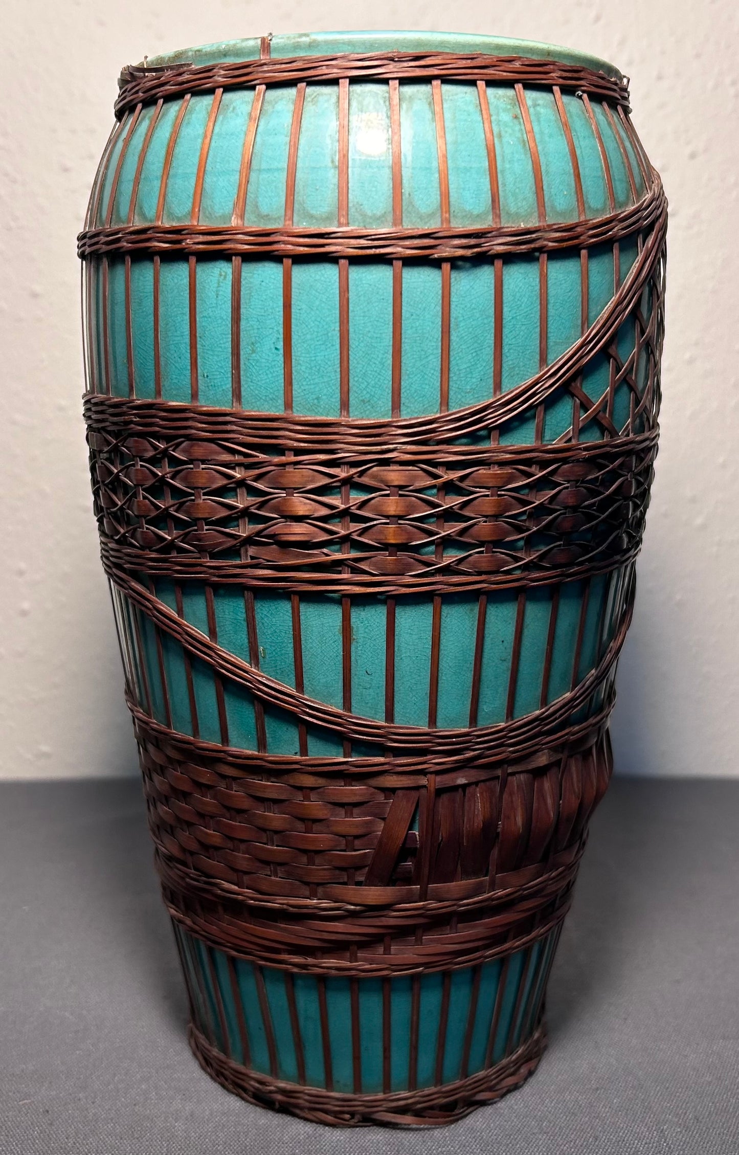 Circa 1930 Japanese Kyoto Awaji Pottery Turquoise Split-Bamboo Wrapped Baluster Vase (Early Showa Period)