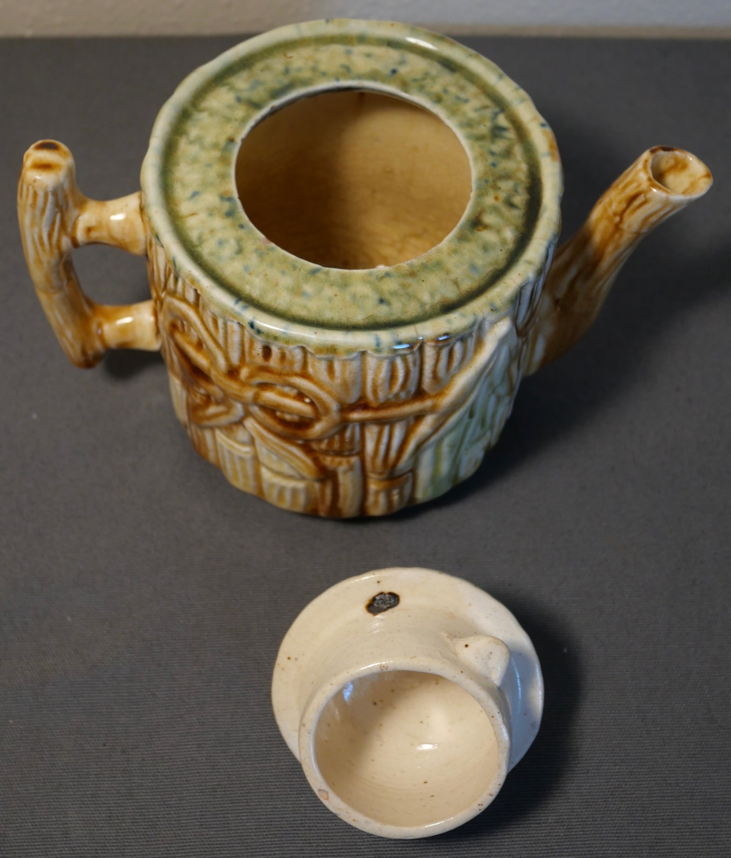 Circa 1880 J.S. Taft & Co. Pottery Majolica Bamboo Design Teapot Made in Keene, New Hampshire