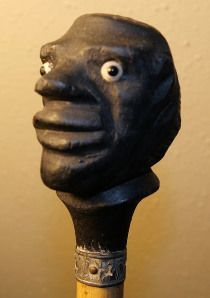 Circa 1880 French Victorian Carved Ebony Wood Moorish Man Head with Sulphide Eyes Pommel/Bamboo Shaft Walking Cane