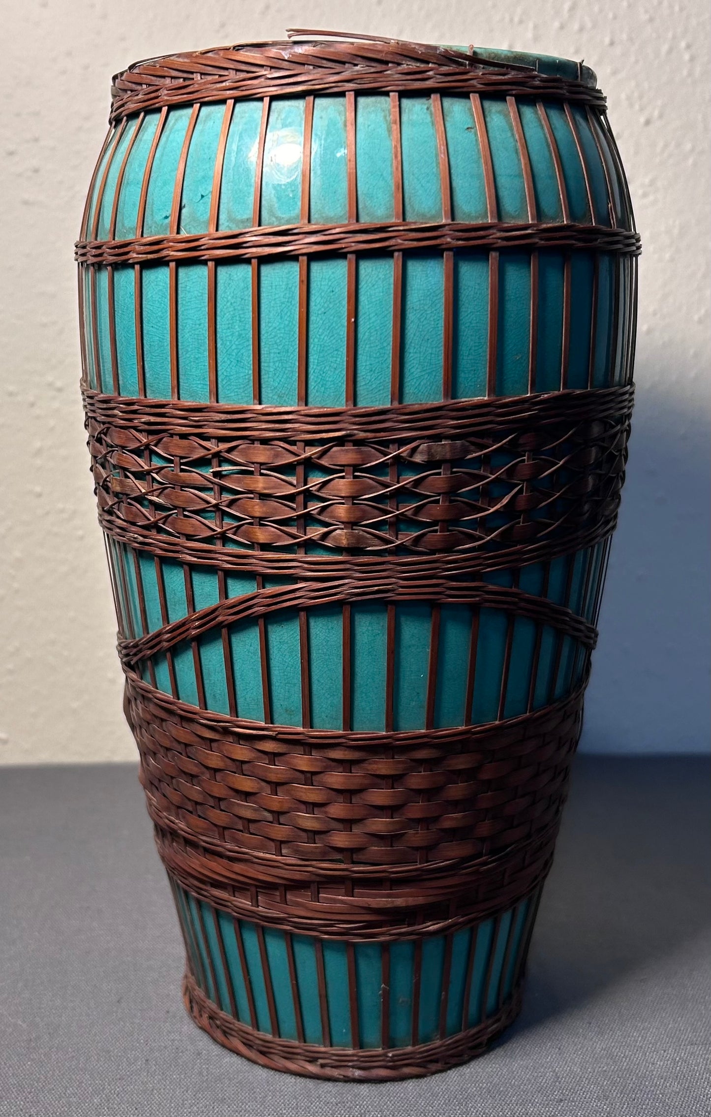 Circa 1930 Japanese Kyoto Awaji Pottery Turquoise Split-Bamboo Wrapped Baluster Vase (Early Showa Period)