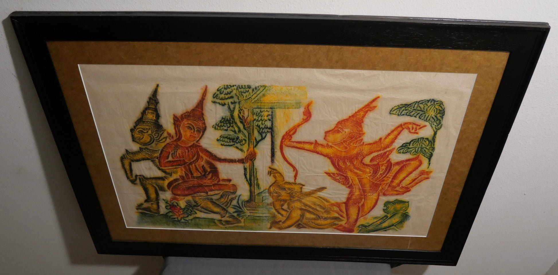 Vintage Circa 1970 Thai Ramakien King Rama and Tosakanth Colorful Temple Rubbing on Rice Paper Framed Art