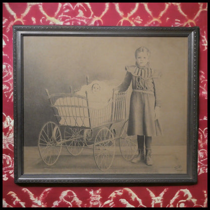 Victorian Girl with Baby in Carriage Pointilism Signed Print by Ed Reaume (1982)