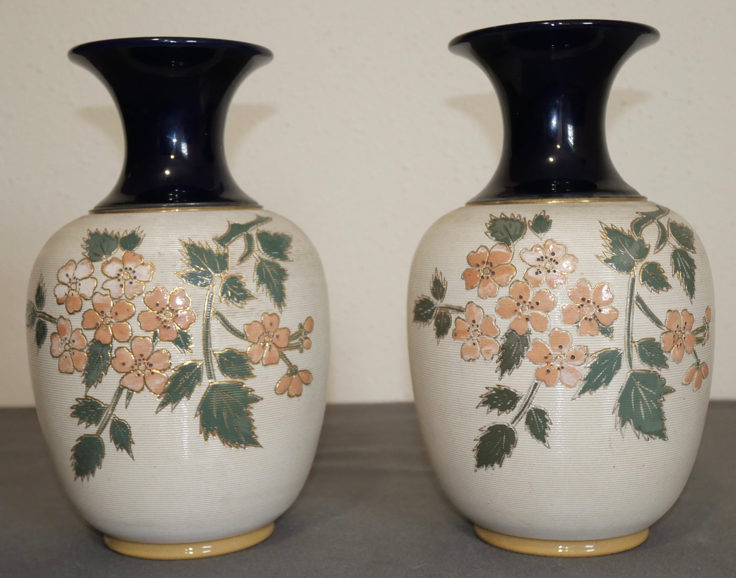 Pair of Early 20th Century English Art Nouveau Lovatt's Langley Ware Stoneware Floral Motif Tapestry Baluster Vases