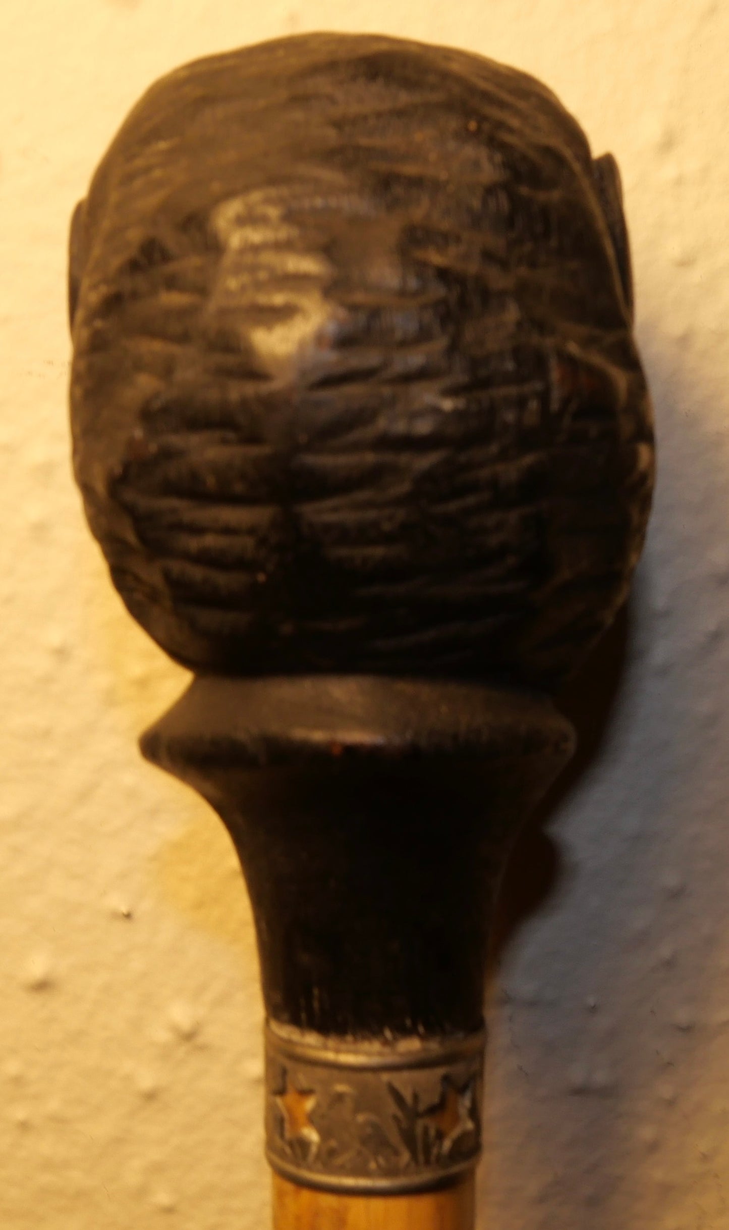 Circa 1880 French Victorian Carved Ebony Wood Moorish Man Head with Sulphide Eyes Pommel/Bamboo Shaft Walking Cane