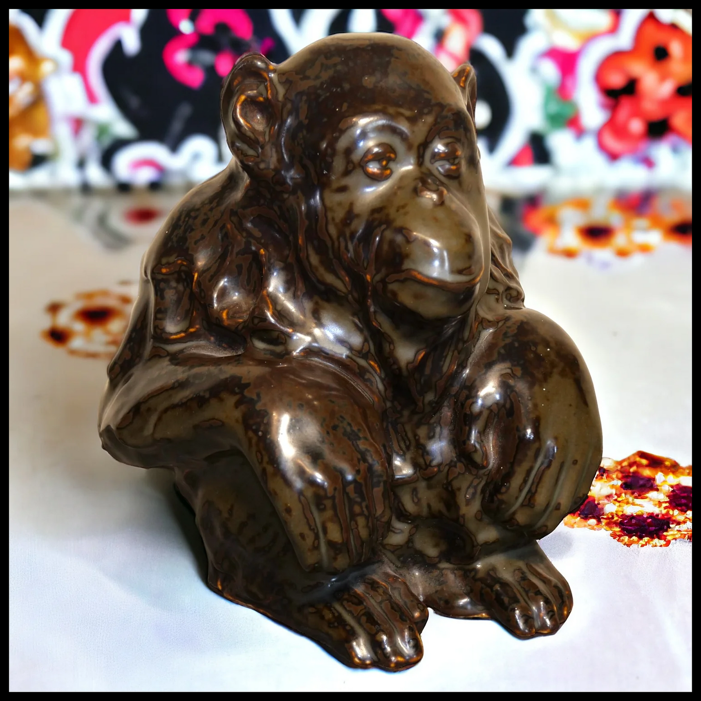 Vintage 1960’s Danish Bing & Grondahl Brown Metallic Glazed Stoneware Chimpanzee Sculpture by Jean Rene Gauguin (#7091)