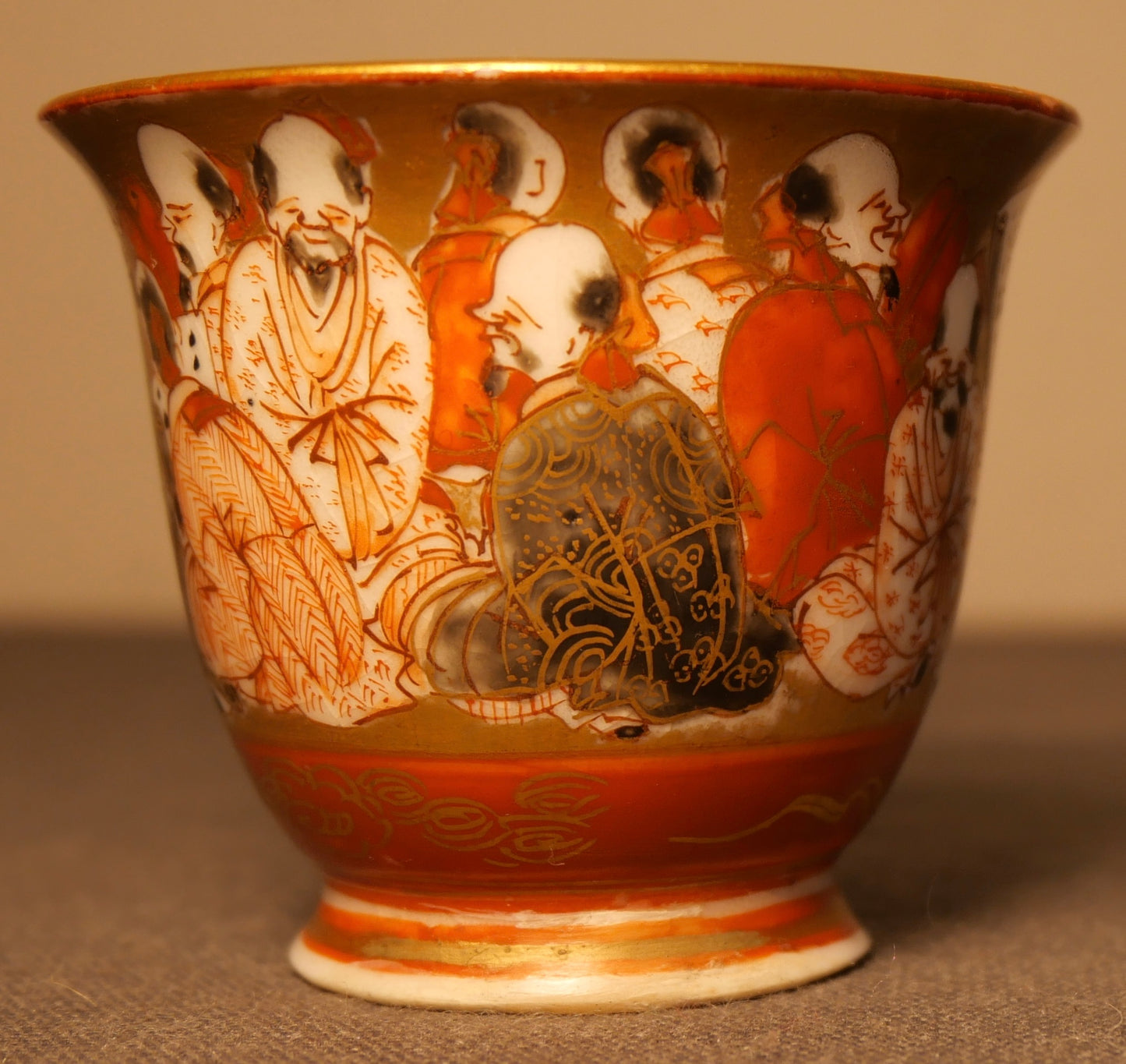 Circa 1930 Japanese Kutani Porcelain Hyakunin Thousand Poets Motif Sake Cup (Early Showa Period)