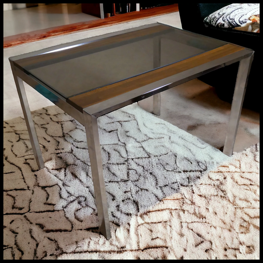 1970's American Mid Century Modern Milo Baughman Style Rectangular Chrome/Pressed Wood Base Smoked Glass Side Table