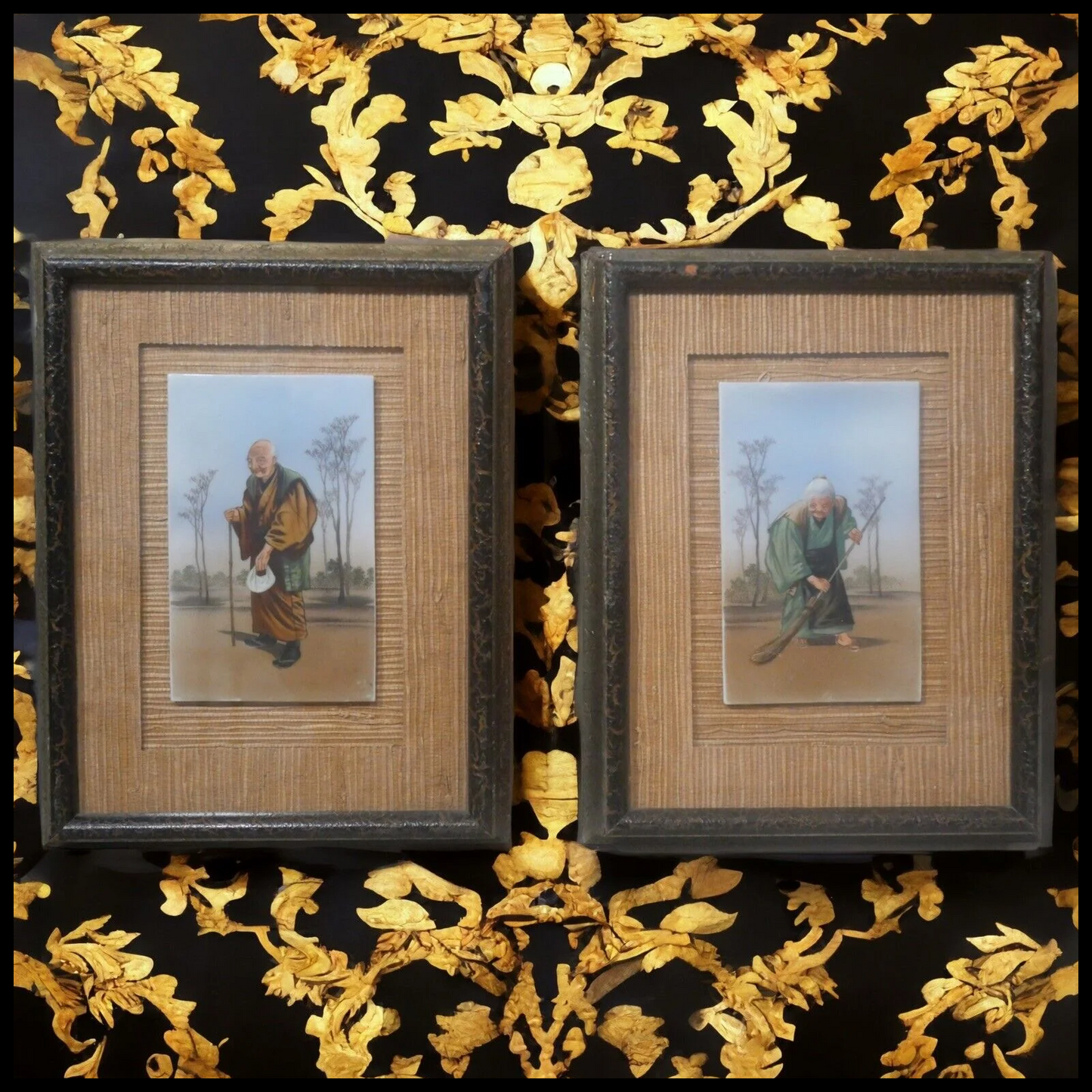 Pair of Mid 20th Century Japanese After Saito Hodo Elderly Man and Woman Framed Painted Porcelain Plaques