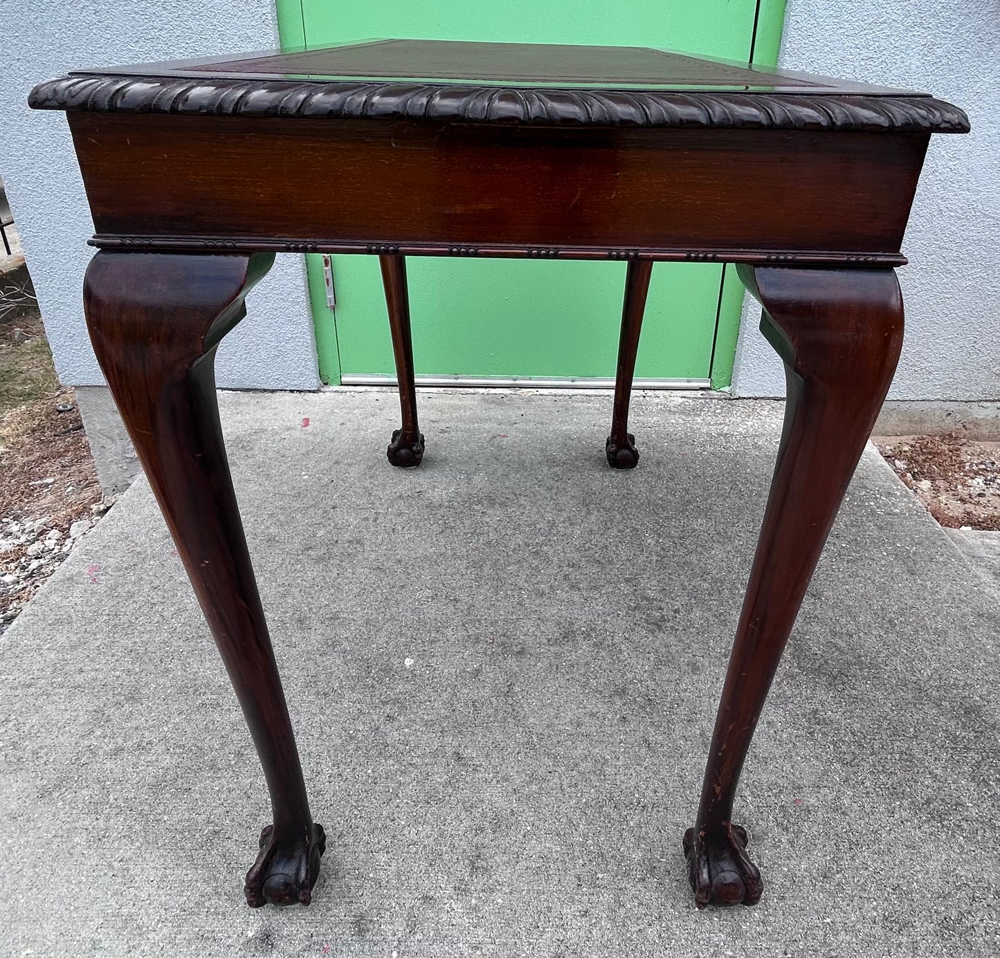 Circa 1910 English Edwardian Style Mahogany Ball/Clawfoot Leather Top Library Table