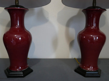 Pair of Vintage 1990’s Chinese Oriental Accent Oxblood Porcelain Table Lamps