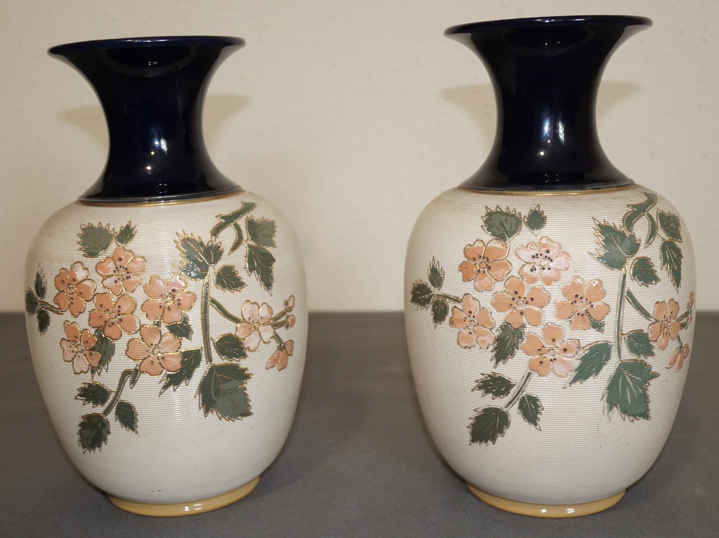 Pair of Early 20th Century English Art Nouveau Lovatt's Langley Ware Stoneware Floral Motif Tapestry Baluster Vases