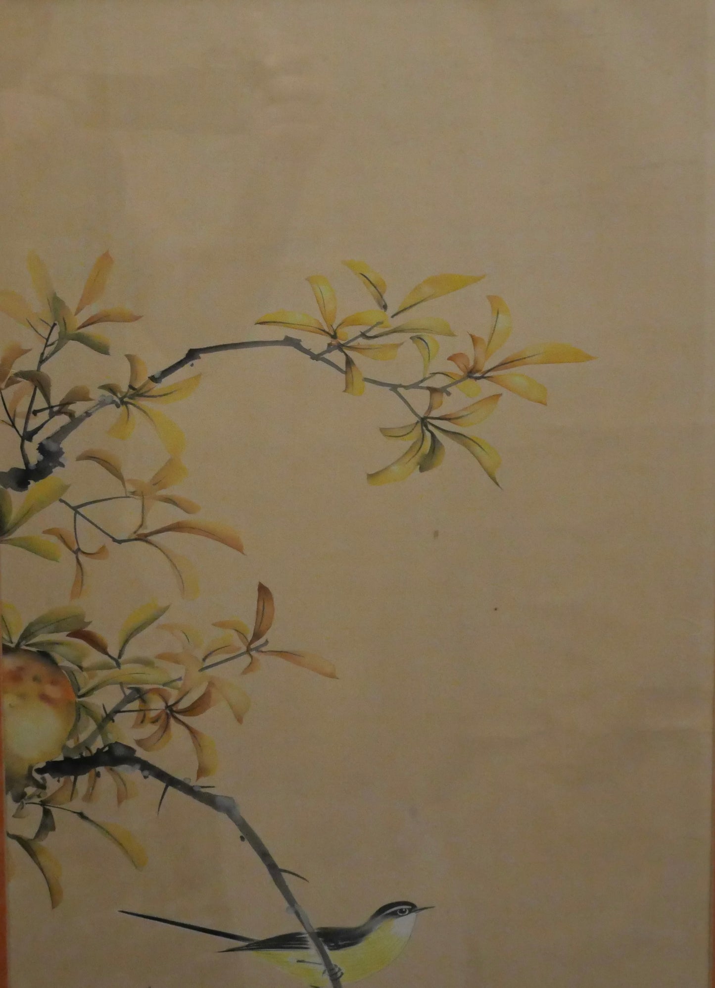 Vintage Mid 20th Century Japanese Grey Wagtail Bird in Pomegranate Tree Framed Silk Painting Signed Hidemi