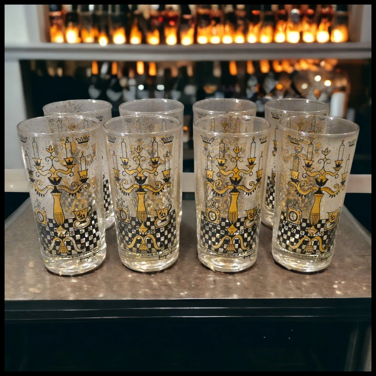 Set of 8 1960's American Mid Century Modern Georges Briard Don't Burn Your Candle at Both Ends Gold Speckled Highball Glasses