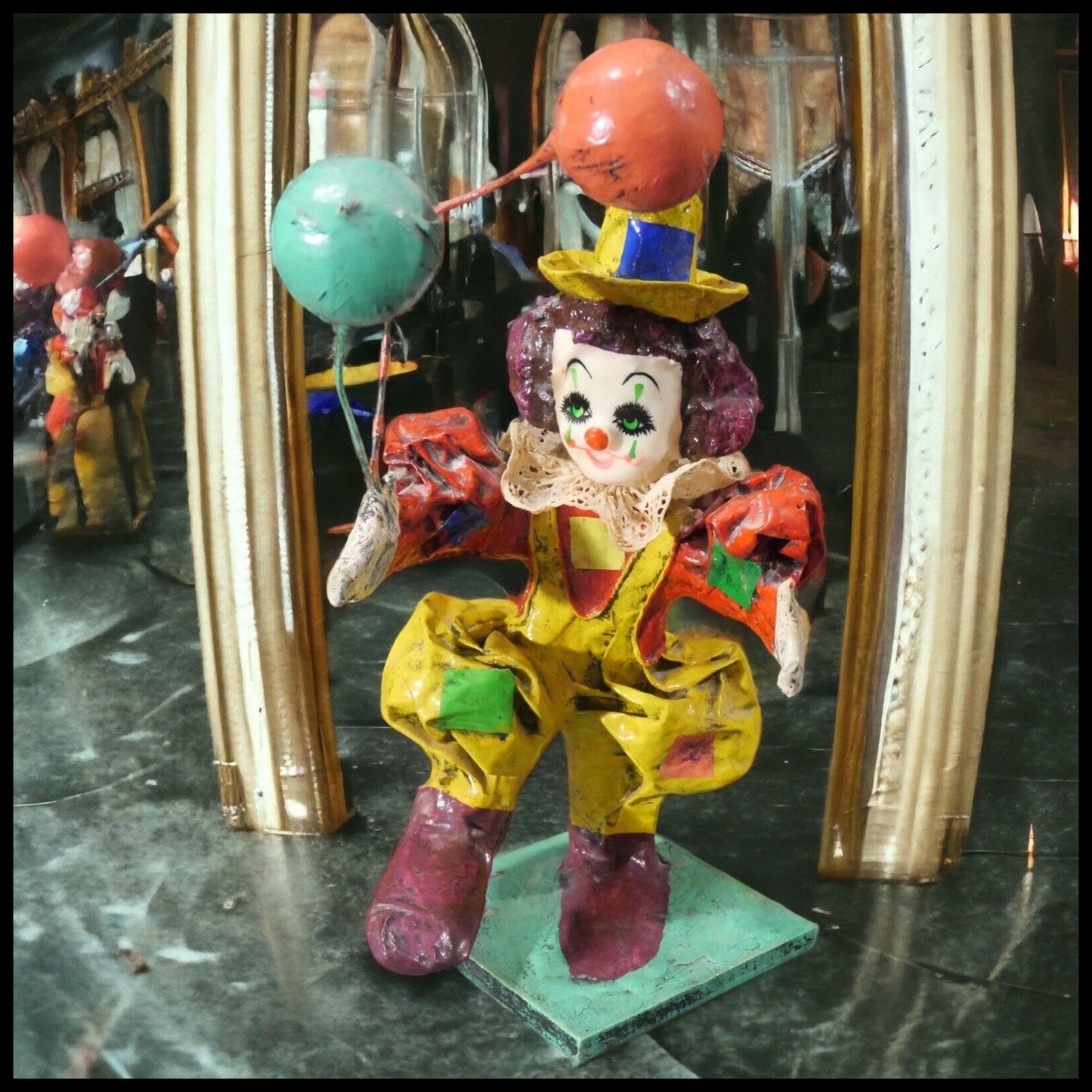 Vintage 1970's Mexican Papier Mache Clown with Balloons Sculpture