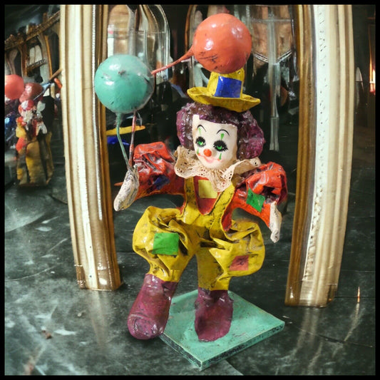 Vintage 1970's Mexican Papier Mache Clown with Balloons Sculpture