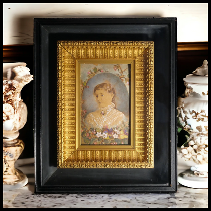 Circa 1860 French Victorian Young Girl Miniature Portrait Oil Painting in Gilded Wood Frame Set in Ebonized Wood Shadowbox Frame