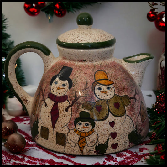 1960's American Mid Century Modern Ceramic Snowman Family Motif Speckled Hand Painted Coffee/Teapot by Mary Lynn Autry (Louisiana)