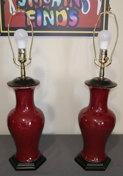 Pair of Vintage 1990’s Chinese Oriental Accent Oxblood Porcelain Table Lamps