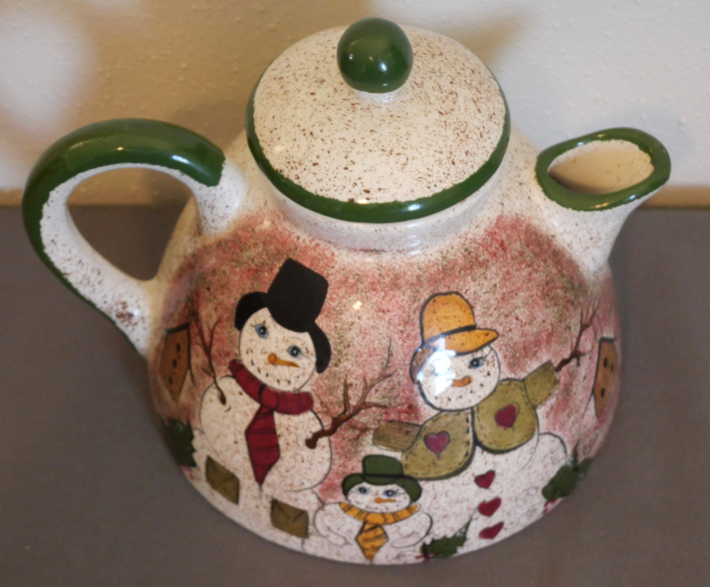 1960's American Mid Century Modern Ceramic Snowman Family Motif Speckled Hand Painted Coffee/Teapot by Mary Lynn Autry (Louisiana)