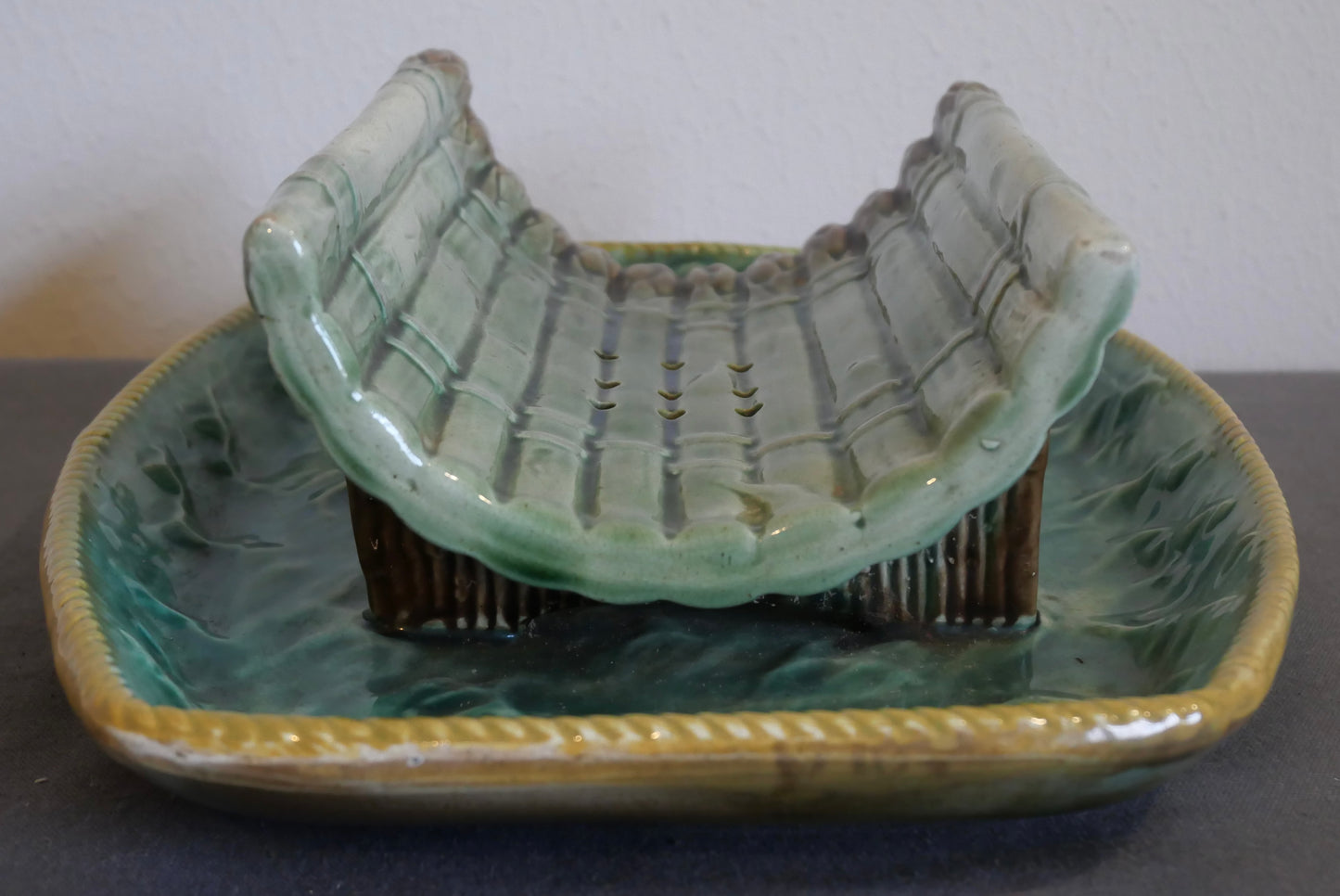 Circa 1880 English Majolica Cradle Asparagus Server with Attached Underplate