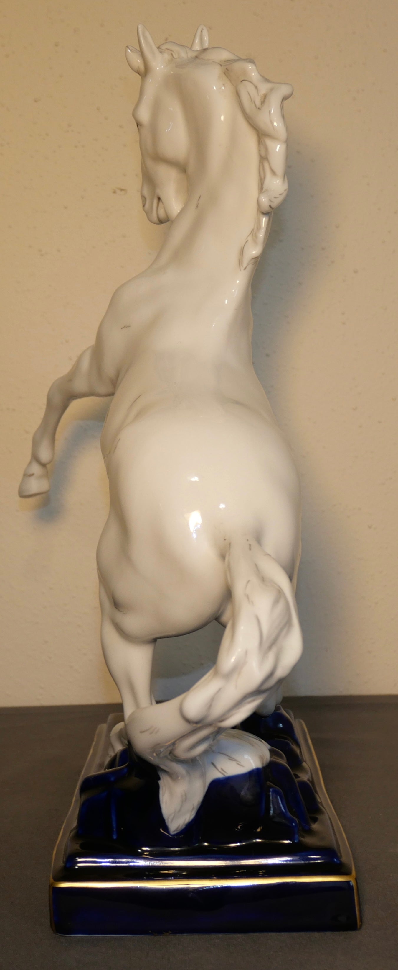 Vintage 1970's Czechoslovakian Royal Dux Porcelain White Rearing Horse on Gilded Cobalt Blue Plinth Base Sculpture