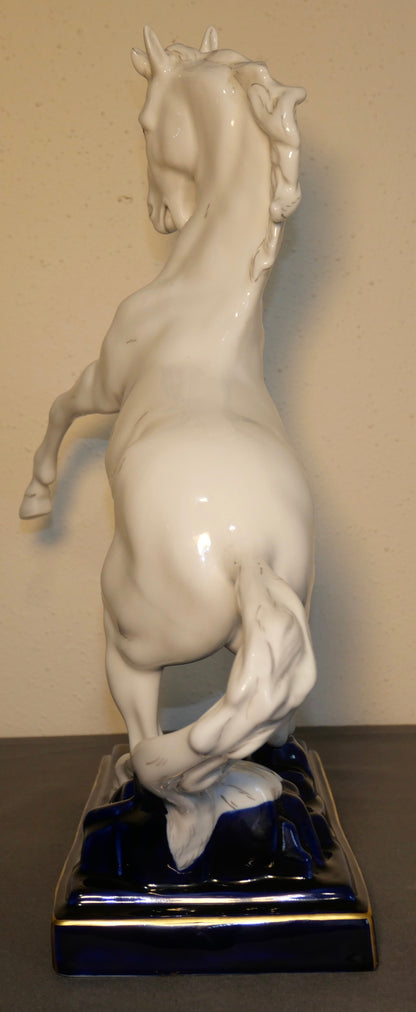 Vintage 1970's Czechoslovakian Royal Dux Porcelain White Rearing Horse on Gilded Cobalt Blue Plinth Base Sculpture