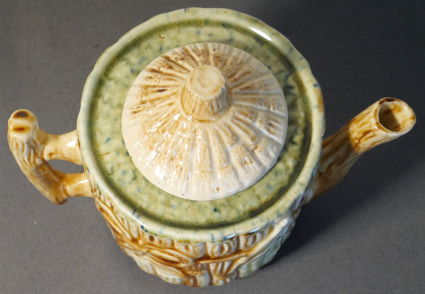 Circa 1880 J.S. Taft & Co. Pottery Majolica Bamboo Design Teapot Made in Keene, New Hampshire