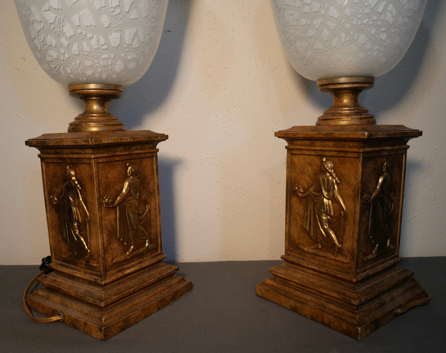 Pair of Vintage 1970's American Hollywood Regency Gilded Hellenic Motifs Metal Base/Mottled Glass Shade Torch Form Torchiere Table Lamps