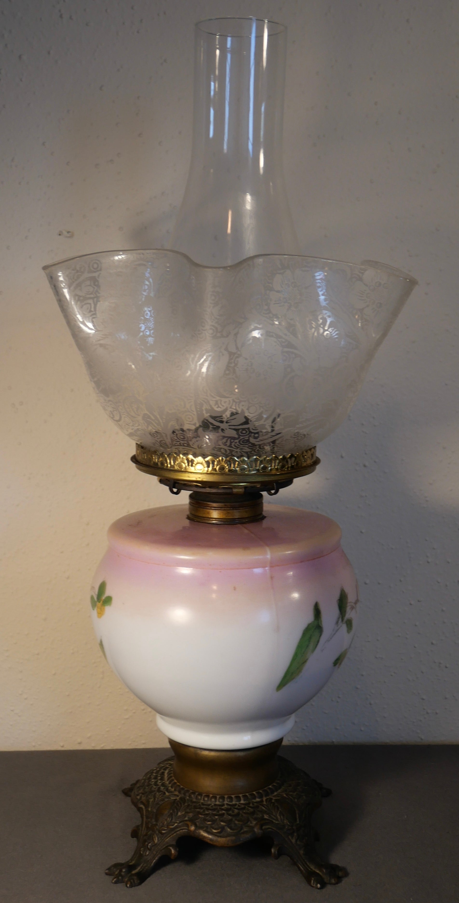 Late 19th Century American Victorian Floral Motif Painted Opaline Glass/Gilt Brass Clawfoot Base Oil Lamp