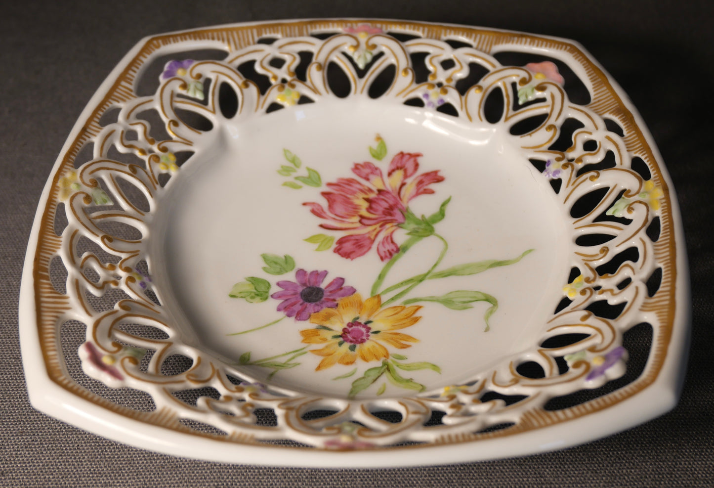 1935 German Porcelain Hand Painted Gilded Floral Motif Reticulated Square Trinket Dish