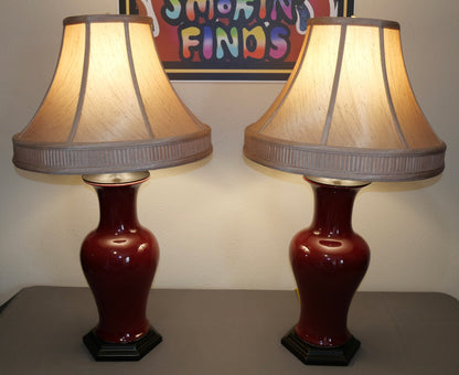 Pair of Vintage 1990’s Chinese Oriental Accent Oxblood Porcelain Table Lamps