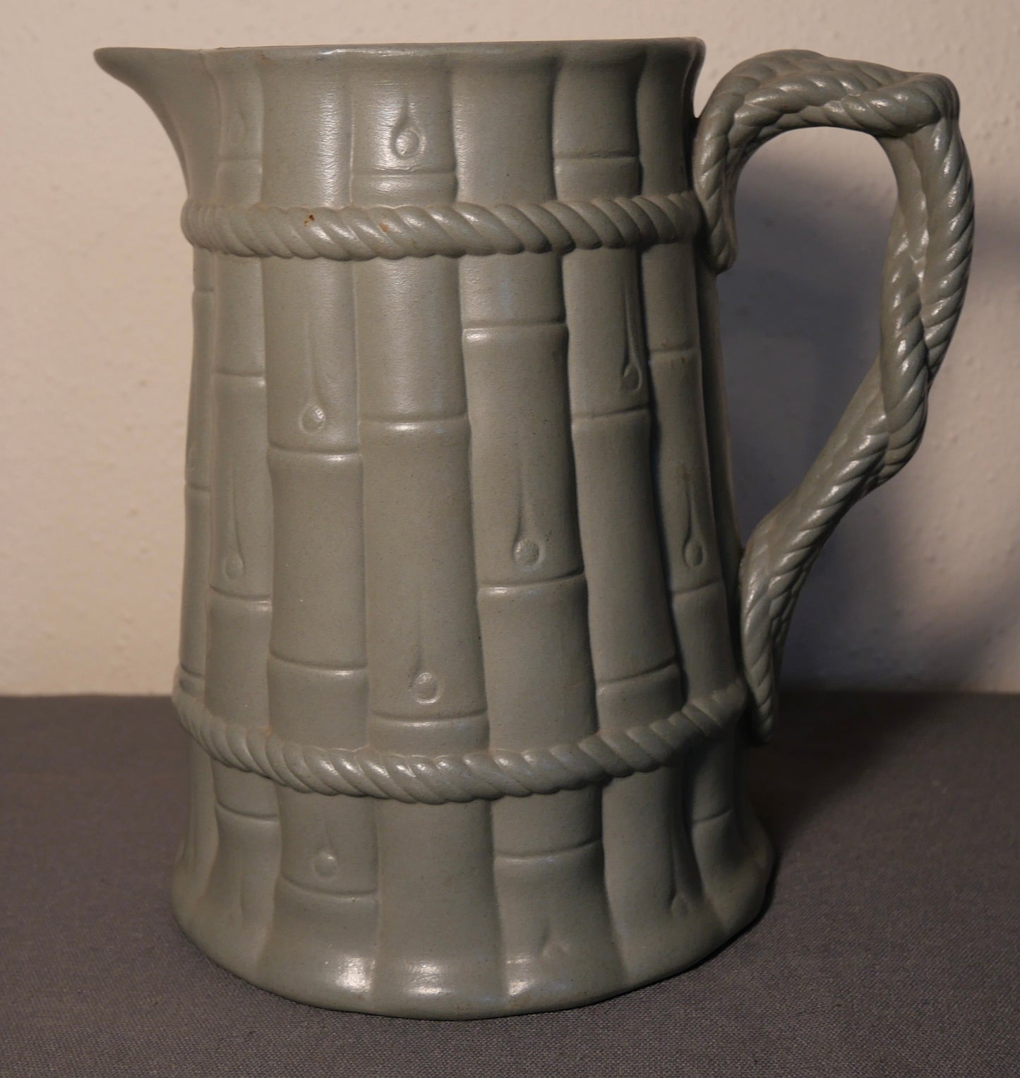 Mid 19th Century English Staffordshire Pale Green Drabware Bamboo/Rope Relief Motif Pitcher