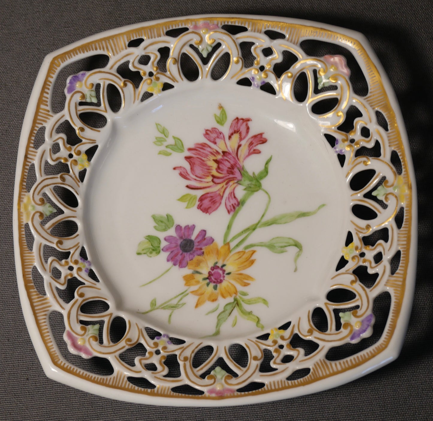 1935 German Porcelain Hand Painted Gilded Floral Motif Reticulated Square Trinket Dish