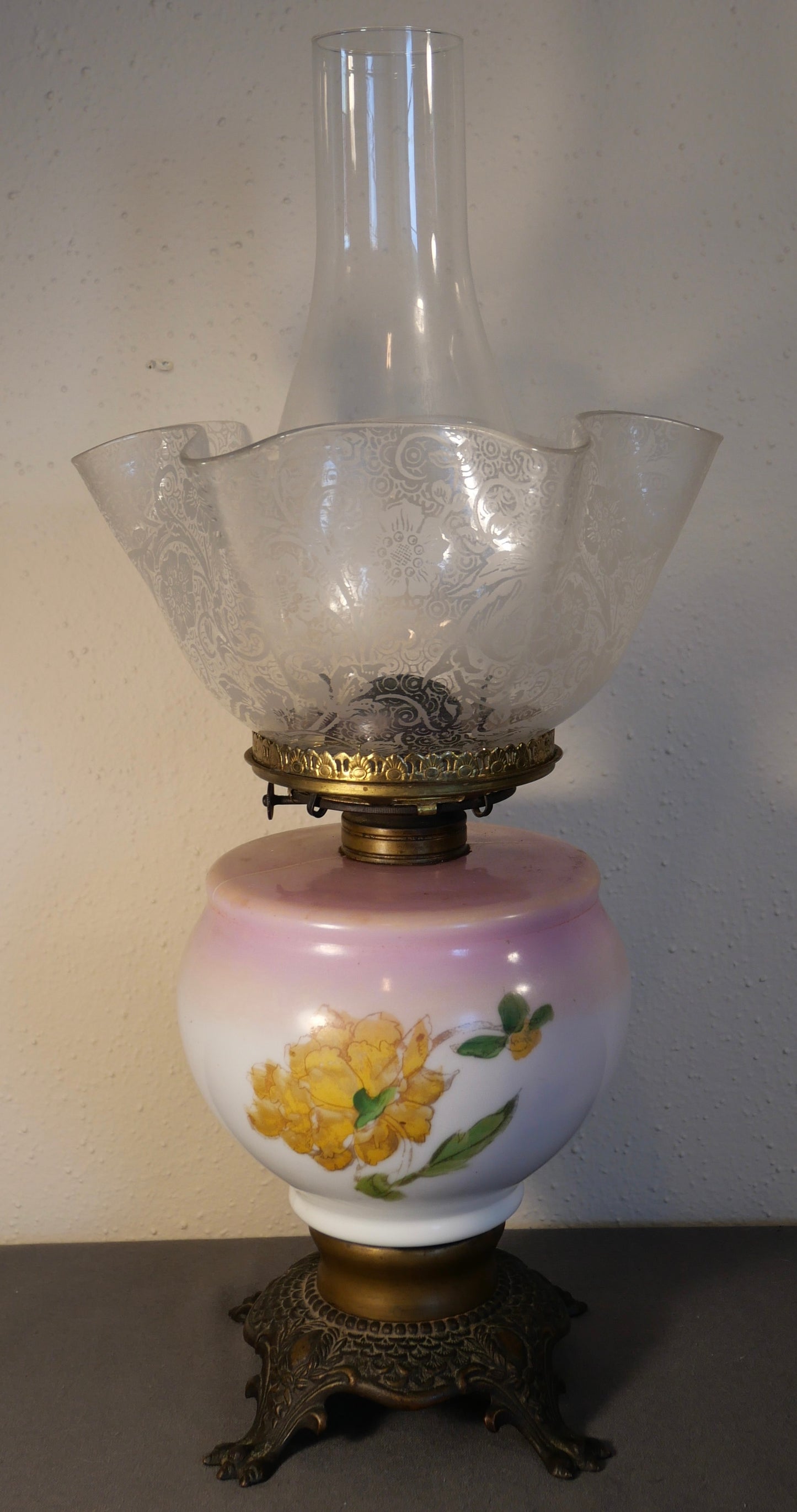 Late 19th Century American Victorian Floral Motif Painted Opaline Glass/Gilt Brass Clawfoot Base Oil Lamp