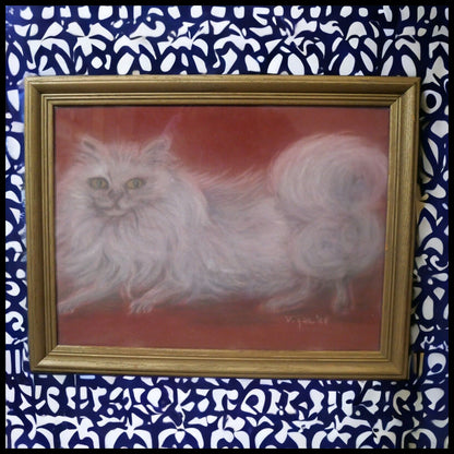 Vintage American White Tabby Cat Framed Pastel Drawing Signed Viger (1968)