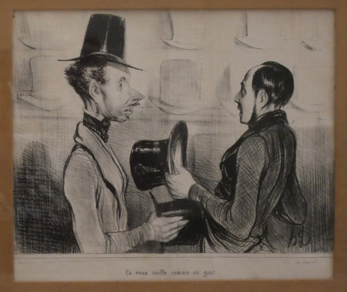 Honore Daumier - "Ca vous coiffe comme un gant" Framed Lithograph (French) (Circa 1854) (Croquis Parisiens)