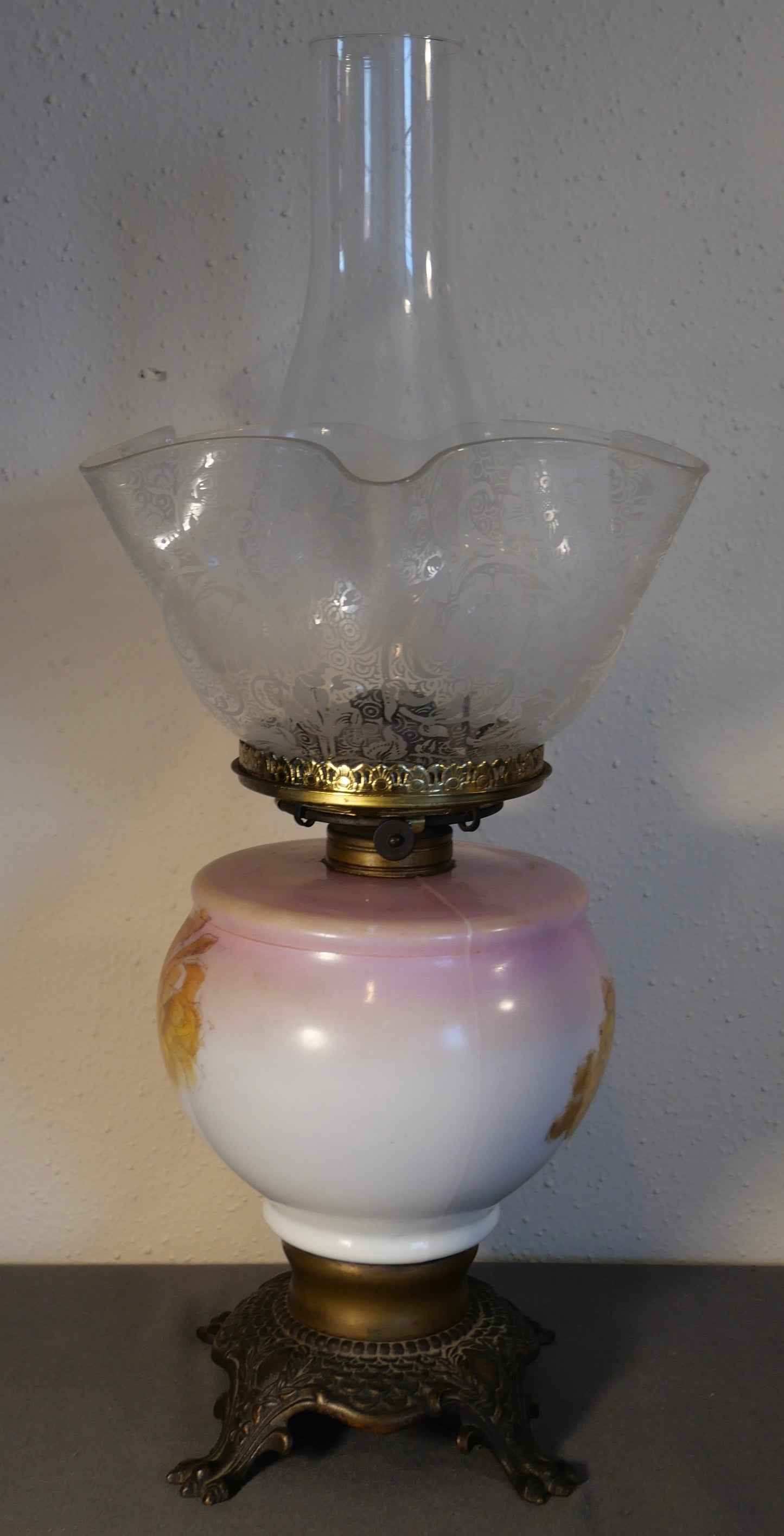 Late 19th Century American Victorian Floral Motif Painted Opaline Glass/Gilt Brass Clawfoot Base Oil Lamp