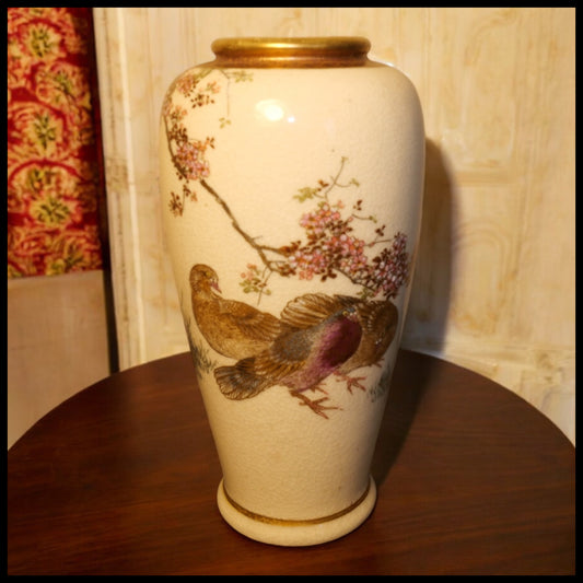 Early 20th Century Japanese Choshuzan Satsuma Porcelain Gilded Bird/Cherry Blossom Motifs Baluster Vase