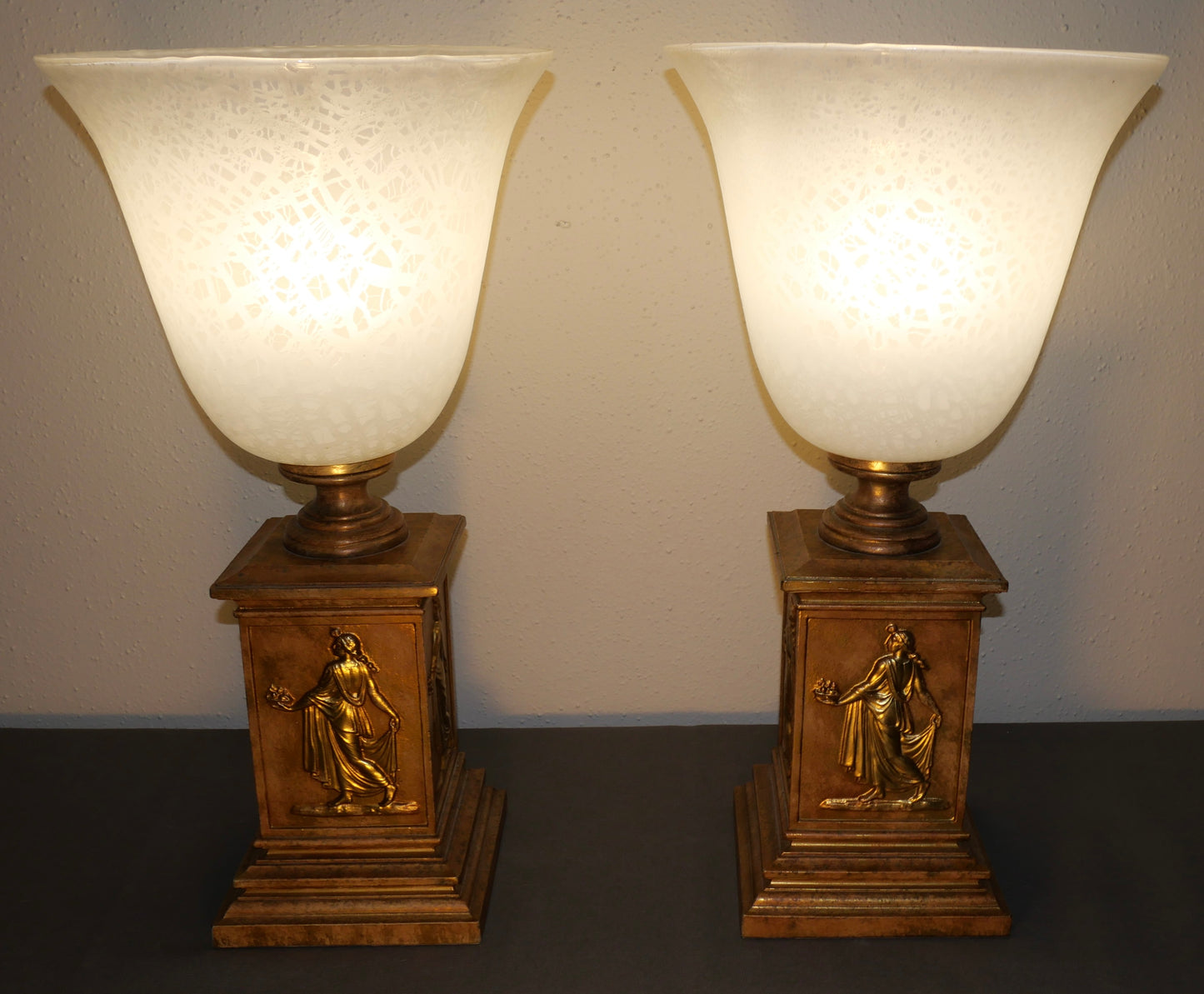 Pair of Vintage 1970's American Hollywood Regency Gilded Hellenic Motifs Metal Base/Mottled Glass Shade Torch Form Torchiere Table Lamps