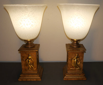 Pair of Vintage 1970's American Hollywood Regency Gilded Hellenic Motifs Metal Base/Mottled Glass Shade Torch Form Torchiere Table Lamps