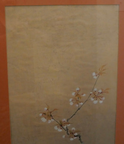 Vintage Mid 20th Century Japanese Oriental Tit Bird in Cherry Blossom Tree Silk Painting Signed Hidemi