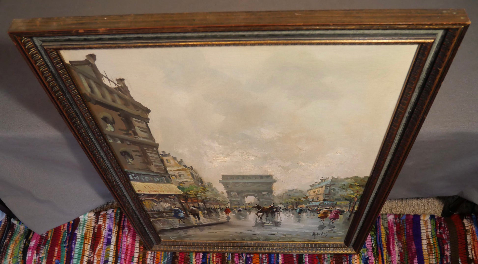 Antonio DeVity - Arc de Triomphe Paris Street Scene Framed Oil Painting on Canvas (Italian) (Mid 20th Century)