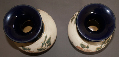 Pair of Early 20th Century English Art Nouveau Lovatt's Langley Ware Stoneware Floral Motif Tapestry Baluster Vases