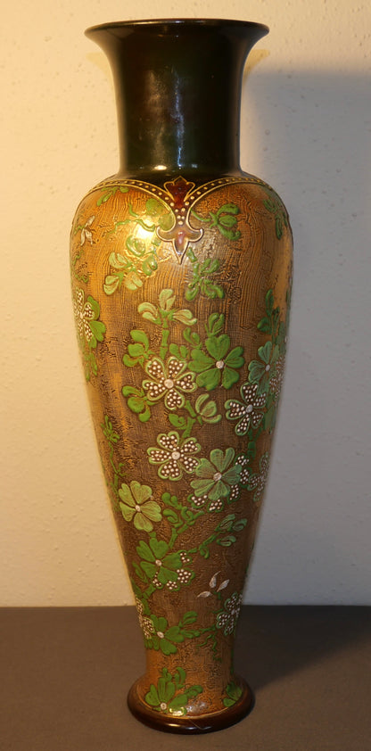 Late 19th Century English Art Nouveau Doulton Lambeth Slaters Patent Stoneware Gilded Green Floral Motifs Tapestry Baluster Vase by Harriet Knight and LF Bowen