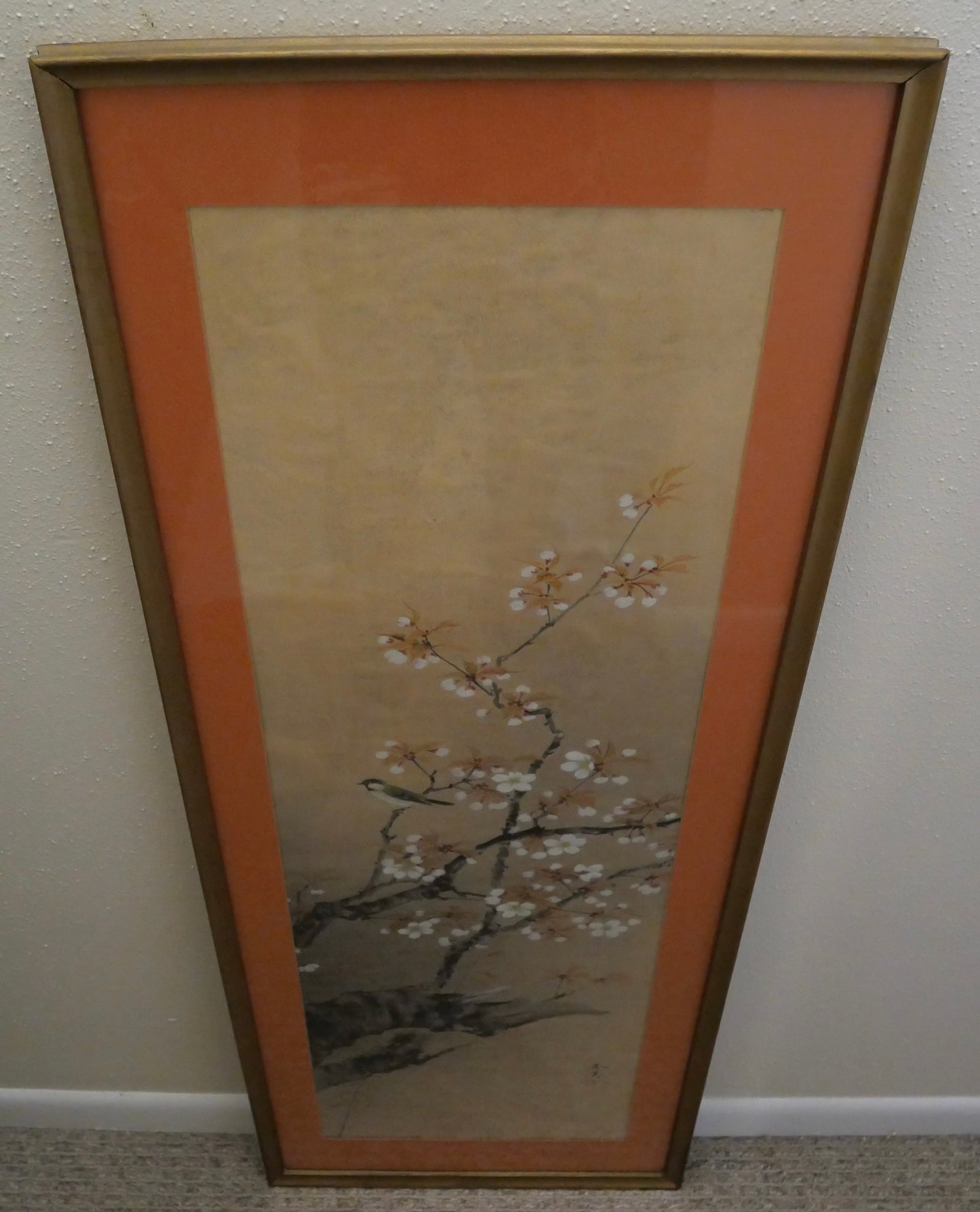 Vintage Mid 20th Century Japanese Oriental Tit Bird in Cherry Blossom Tree Silk Painting Signed Hidemi