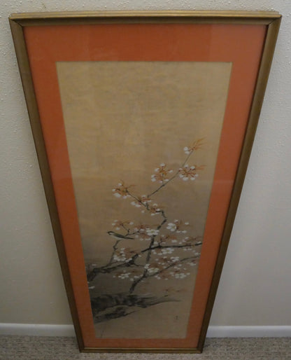 Vintage Mid 20th Century Japanese Oriental Tit Bird in Cherry Blossom Tree Silk Painting Signed Hidemi