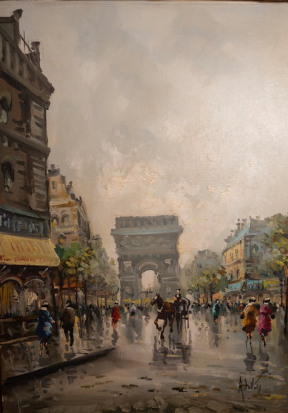 Antonio DeVity - Arc de Triomphe Paris Street Scene Framed Oil Painting on Canvas (Italian) (Mid 20th Century)