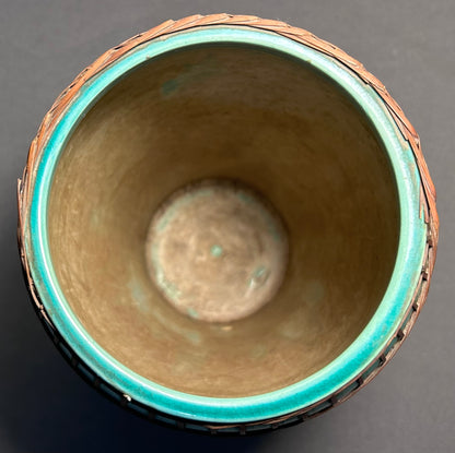 Circa 1930 Japanese Kyoto Awaji Pottery Turquoise Split-Bamboo Wrapped Baluster Vase (Early Showa Period)