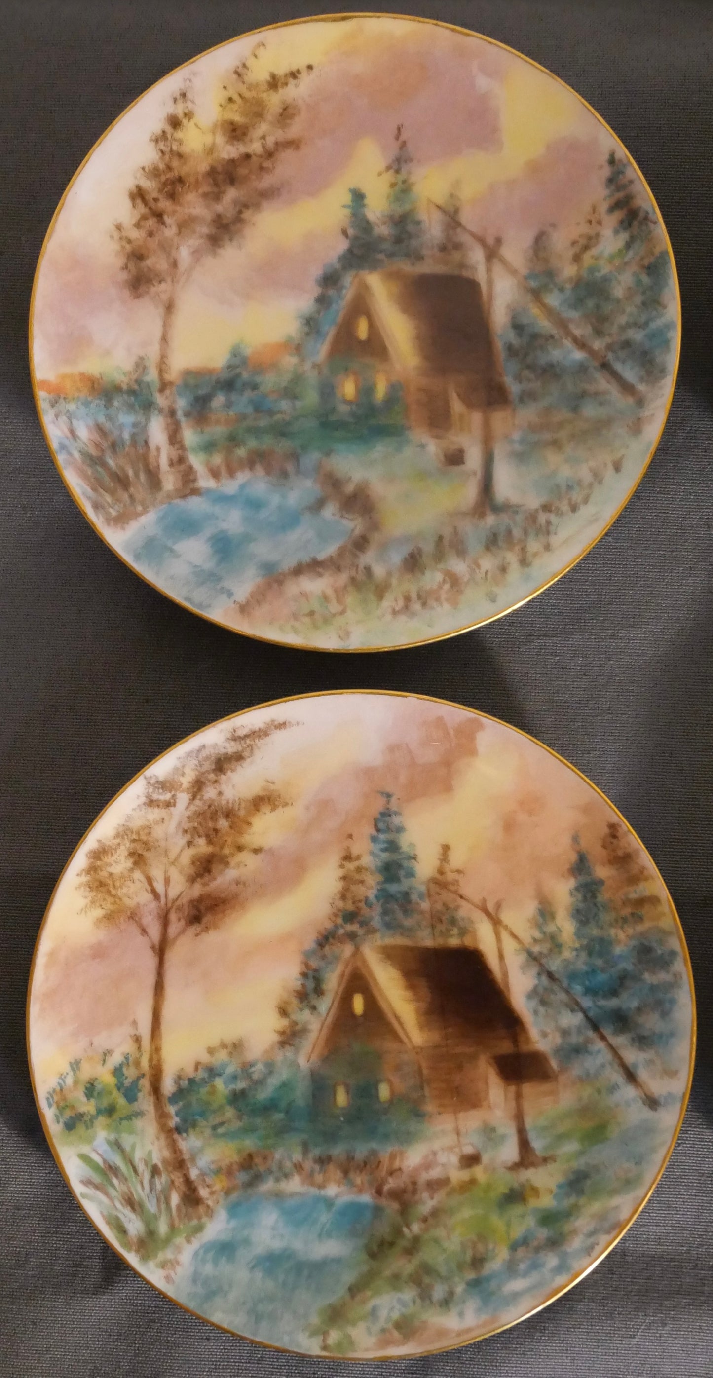 Set of 6 Circa 1900 American Impressionist Style Forest Cabin Landscape Motif Painted Porcelain Gilded Rim Appetizer Plates